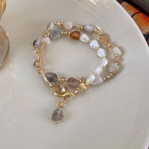 Freshwater Pearl Gemstone Beaded Wrap Bracelet Crystal Gold Charm Layered Style